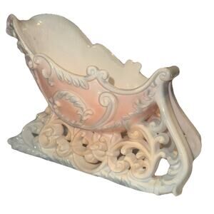 NEW Pink Christmas European Victorian Santa Sleigh Sled Bowl Container 8x6" NWT